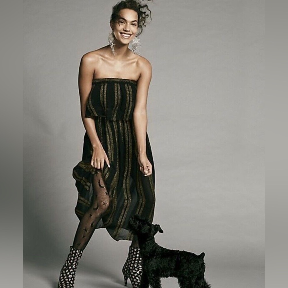 FREE PEOPLE “Carmen Lurex” Metallic Stripe Set in “Black/Gold” Print - Picture 15 of 15